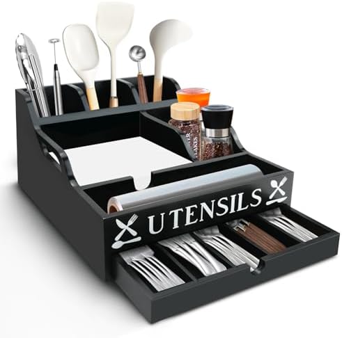Kitchen Utensil Holder, Lagre Wooden Cooking Utensil Holder, Farmhouse Spatula Organizer, Countertop Utensil Crock for Forks Spoons Knives Kitchen Cooking Tools Storage with 11 Compartments(Black) by HOSTK