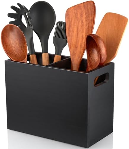 ALELION Black Utensil Holder for Kitchen Counter - 2 Compartment Large Utensil Caddy Organizer for Countertop - Kitchen Tool Holder for Spatula Ladles by ALELION