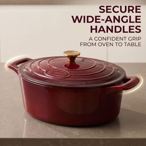 La Cuisine Enameled Cast Iron Oval Dutch Oven Casserole Dish Pot with Lid 6.75 QT Internal Matt Black Enamel Coating Gold-Plated Stainless Steel Lid Handle Oven Safe Cranberry - Image 6