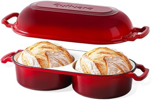 Cast Iron Bread Pan with Lid, Mini Enamel Sourdough Baking Dutch Oven Pot, Double Round Loaf Space for Homemade, Bread, Cake, Meatloaf, 16.5cm Diameter, 500°F Oven Safe, Non Stick, Red by Culivora