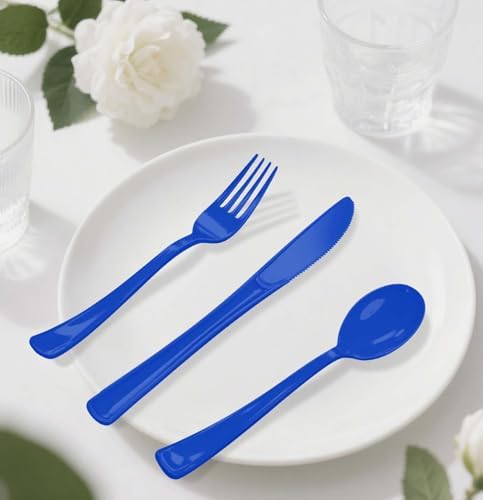 HEIPINIUYE 75 Pack Royal Blue Plastic Cutlery Heavy Duty Blue Plastic Knives Forks and Spoons Disposable Silverware Set for 25 Guest Camping Birthday Baby Shower Party Cutlery Set - Image 7