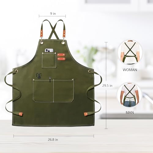 OUNLEN Chef Apron for Men Women Canvas Aprons with 3 Pockets Cross Back Resistant Work Apron for Cooking - Image 2