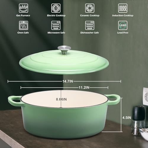 Leonyo 5-Quart Cast Iron Oval Dutch Oven Pot with Lid, Pistachio Green - Image 2