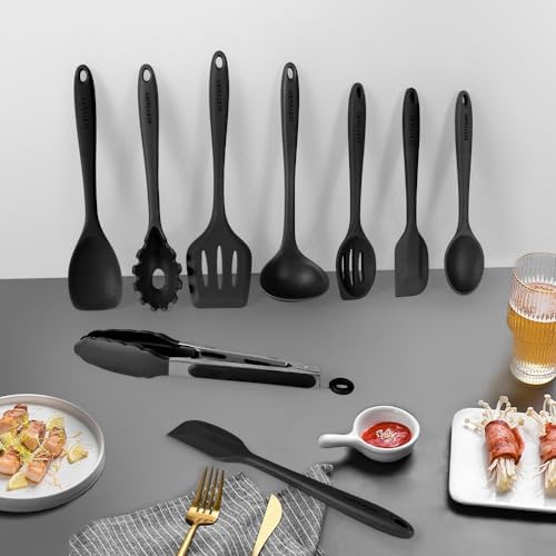 Kitchen Utensil Set - 11 Cooking Utensils - Colorful Silicone Kitchen Utensils - Nonstick Cookware with Spatula Set - Colored Best Kitchen Tools Kitchen Gadgets (Black) - Image 3