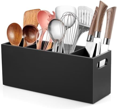 ALELION Large Utensil Holder with Removable Divider - 4 Compartment Wooden Utensil Caddy Organizer for Kitchen Counter - Black Cooking Utensil Crock for Countertop by ALELION