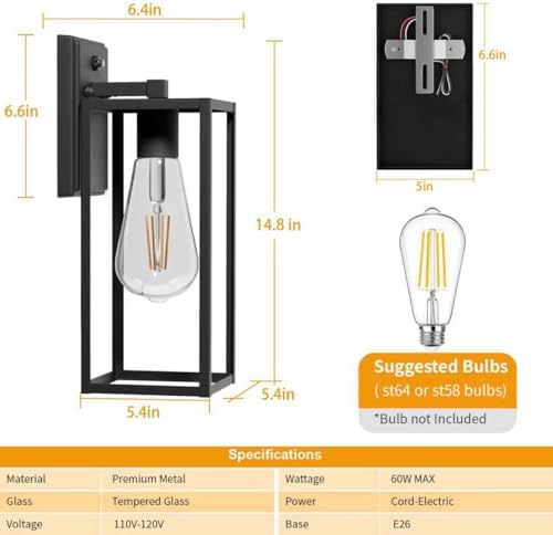 15'' Black Dusk to Dawn Outdoor Front Porch Lights for Outside, Large Exterior Lighting Fixtures Wall Mount for House, Wall Sconce Lamp, Waterproof Lantern Coach Lights for Garage, Entryway,Yard - Image 6