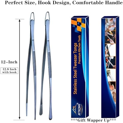JETKONG 2 Pcs 12-Inch Cooking Tweezer Tongs Stainless Steel Kitchen Tweezers Plating Tongs (Navy Blue) - Image 7