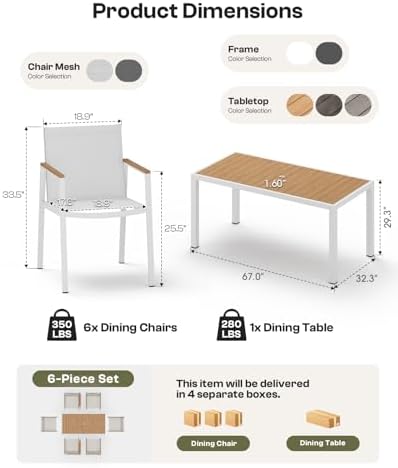 Outdoor Dining Chairs Set of 2, Aluminum Patio Armchairs, All Weather Patio Dining Furniture for Backyard, Deck, Poolside (White-Teak) - Image 3