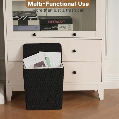 iEGrow Paper Rope Trash Can,Bathroom Trash Can with Lid, 3 Gallon Wicker Waste Basket with Removable Liner, for Bedroom, Living Room, Toilet, Under Sink Black - Image 6