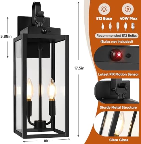 BesLowe 2-Pack 17.5" Upgraded Motion Sensor Outdoor Wall Lights, Black - Image 7