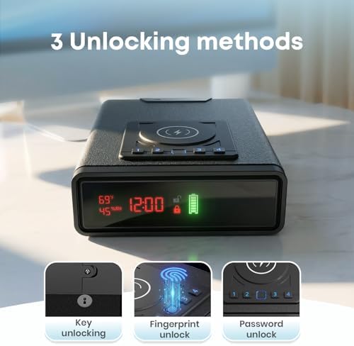 Biometric Gun Safe for Handgun with Wireless Phone & Watch Charging, Clock Pistol Safe with Fingerprint, Keypad and Key Access, Adjustable Brightness, Backlit Keypad for Home Office - Image 2