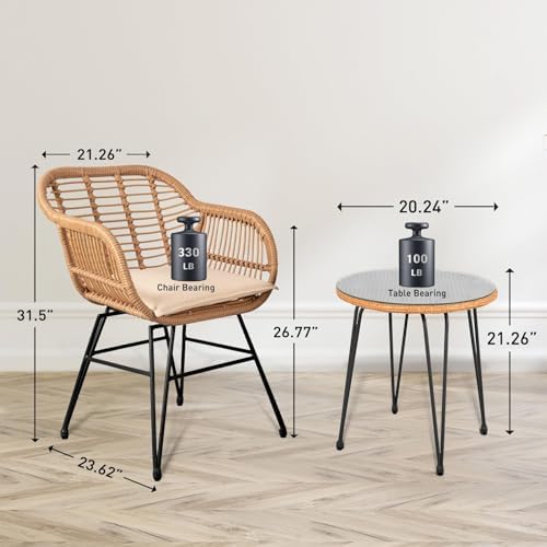 3 Piece Outdoor Wicker Furniture Bistro Set, Rattan Chairs Conversation Sets Wicker Patio Furniture for Balcony Poolside Backyard, Beige - Image 3
