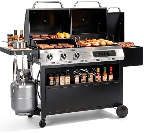 Captiva Designs 3 Burner Gas Charcoal Combo Grill with Offset Smoker, Black by CaptivaDesigns