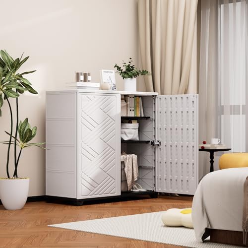 Outdoor/Indoor Storage Box,Resin and Plastic Storage Cabinet Waterproof,Outdoor Cabinet for Patio/Garden/Balcony/Backyard/All Room (with 2 Shelves)-White - Image 3