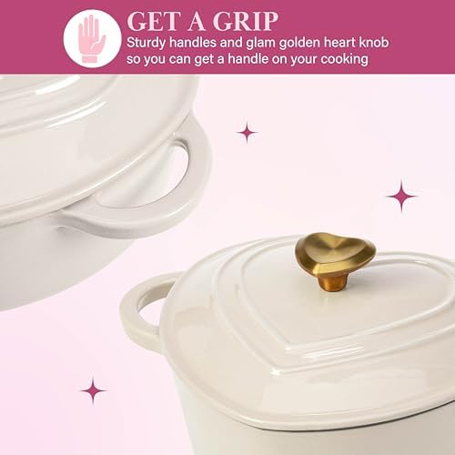 Paris Hilton Enameled Cast Iron Dutch Oven Pot with Lid, Heart-Shaped Dutch Oven, Durable Cast Iron Pot with Dual Handles, Oven Safe to 500°F, Works on All Stovetops, 2-Quart, Cream - Image 6