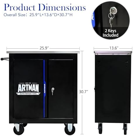 Double-Door Heavy-Duty Rolling Steel Tool Cart with Handle&Wheels, Metal Storage Organizer Cabinet, Tool Chest for Efficient Tool Storage in Garage, Warehouse, Workshop, Repair Shop, Blue - Image 3