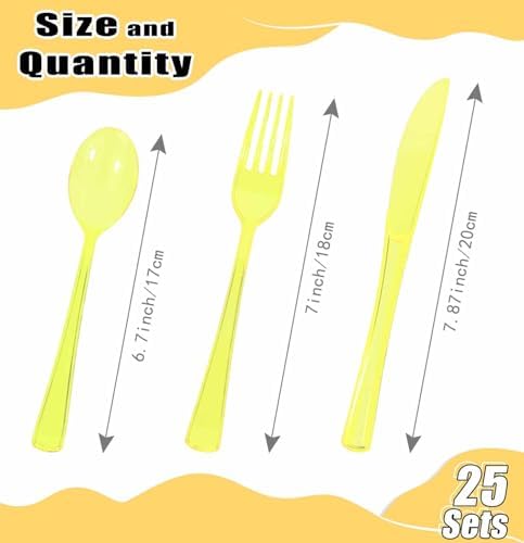 HEIPINIUYE 75 Pack Yellow Clear Plastic Cutlery Heavy Duty Clear Yellow Plastic Knives Forks and Spoons Disposable Silverware Set for 25 Guest Camping Birthday Baby Shower Party Utensil Set - Image 3