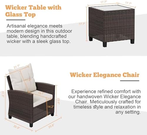 Shintenchi 3 Pieces Patio Furniture Set, PE Rattan Wicker 3 Pcs Patio Set, Outdoor Furniture Set with Two Outdoor Chairs and Table, Conversation Set for Garden, Poolside, Balcony, and Porch(Beige) - Image 3