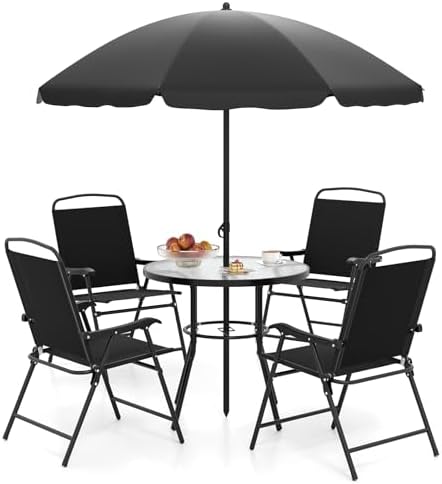 Tangkula 6 Pieces Patio Dining Set with Umbrella, Outdoor Table and Folding Chairs Set with 4 Armchairs and Round Tempered Glass Table for Garden, Deck, Lawn and Backyard (Black) by TANGKULA