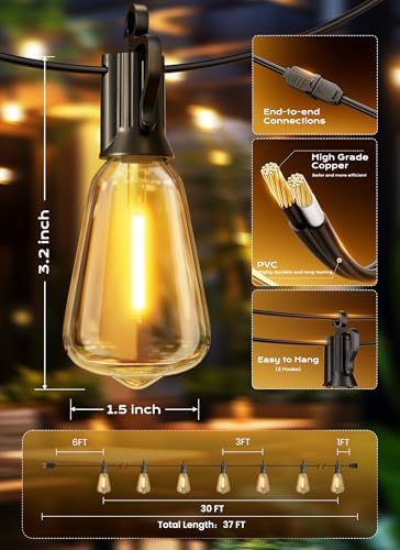 Brightown Outdoor String Lights, 30FT 11+1 LED ST38 LED Patio Lights Shatterproof, Dimmable IP65 Waterproof Connectable Hanging Outdoor Light for Backyard, Porch, Deck, Balcony - Image 7