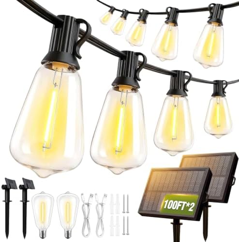 200FT Solar String Lights Outdoor Waterproof with Remote & Timer, LED Shatterproof ST38 Bulbs, USB & Solar Powered Patio Lights for Backyard, Porch, Garden, Wedding, Christmas Decor by SkoiucLights