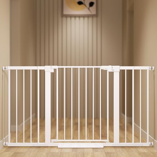 29-57 inches Extra Wide Metal Baby Gate for Stairs/Doorways, 30 inches Tall Pressure Mounted Pet Gates, Auto-Close Child Safety Gate, No Drilling Easy Walk-Through Dog Gate Indoor, White by Unknown