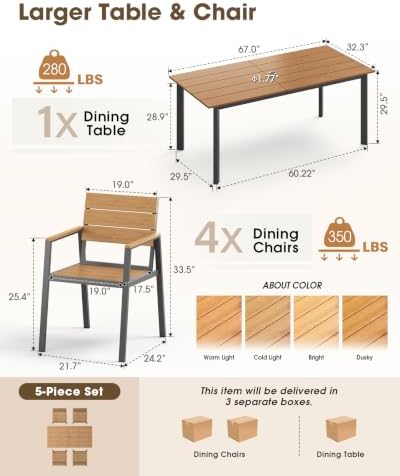 Outdoor Dining Set for 4, Aluminum Patio HDPS Outdooor Table and Chairs Set with Umbrella Hole, All Weather Patio Furniture Set, 5 Peice Patio Dining Table Set (Gray & Teak) - Image 2