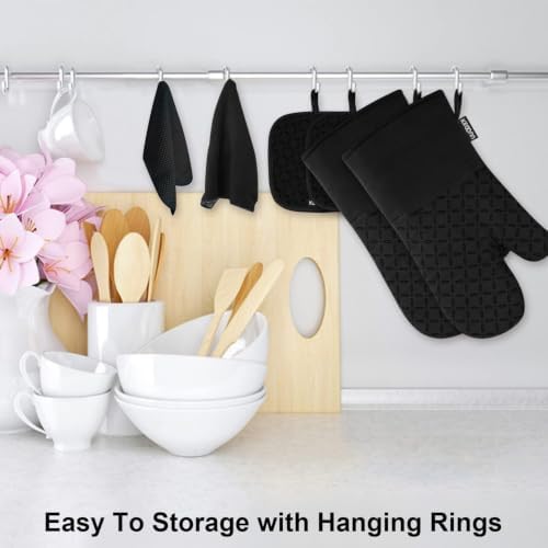 KEGOUU Oven Mitts and Pot Holders 6pcs Set, Kitchen Oven Glove High Heat Resistant 500 Degree Extra Long Oven Mitts and Potholder with Non-Slip Silicone Surface for Cooking (Black) - Image 2