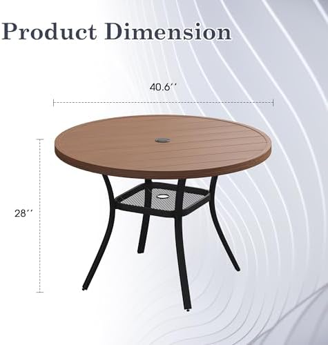 Outdoor Dining Table with Adjustable Umbrella Hole, 40.6" All-Weather Round Patio Dining Table for 4, Metal Patio Table with Storage Shelf for Garden Lawn Porch Deck Yard, Walnut - Image 2