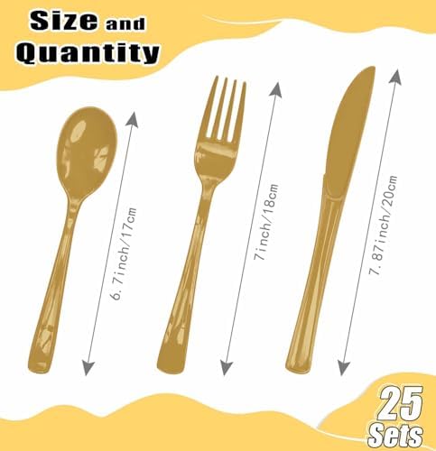 HEIPINIUYE 75 Pack Gold Plastic Cutlery Heavy Duty Gold Plastic Knives Forks and Spoons Disposable Silverware Set for 25 Guest Camping Birthday Baby Shower Party Cutlery Set - Image 3