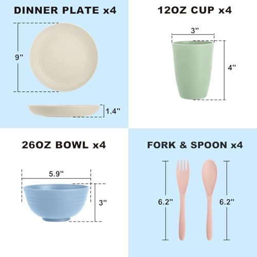 Wheat Straw Dinnerware Sets 20 PCS Service for 4, Unbreakable Kitchen Plates and Bowls Sets, Microwave Dishwasher Safe Dish Set, Outdoor Camping, RV, Apartment Essentials - Colorful - Image 2
