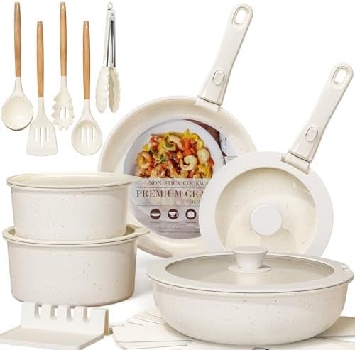 Astercook 21 Pcs Pots and Pans Set Non Stick, Ceramic Cookware Set Detachable Handle, RV Kitchen Cooking Set Removable Handles, Oven Safe, Induction Ready, Stackable, Cream, Fathers Day Gift for Men by Astercook