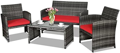 Goplus 4-Piece Rattan Patio Furniture Set, Outdoor Wicker Conversation Sofa with Weather Resistant Cushions and Tempered Glass Tabletop for Lawn Backyard Pool Garden (Red) by Goplus