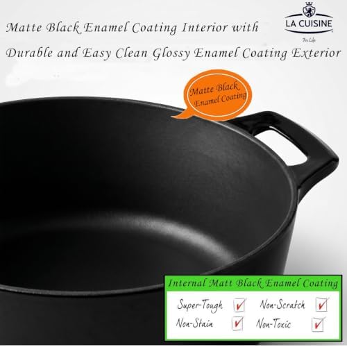 La Cuisine Enameled Cast Iron Oval Dutch Oven Casserole Pot with Lid 6.75 QT Internal Matte Black Enamel Coating for bread baking, GlassTop Oven-Safe 550°F/276°C, Glossy Black - Image 2