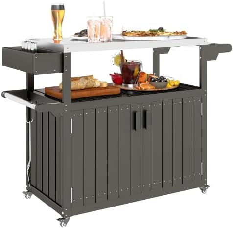 Outsunny Outdoor Bar Cart with Storage Cabinet Kitchen Island Dark Gray by Outsunny