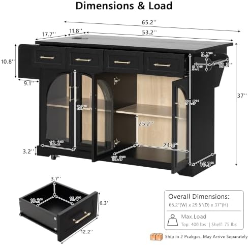 65" Rolling Kitchen Island with Storage and Drop Leaf & Arched Door Black - Image 2