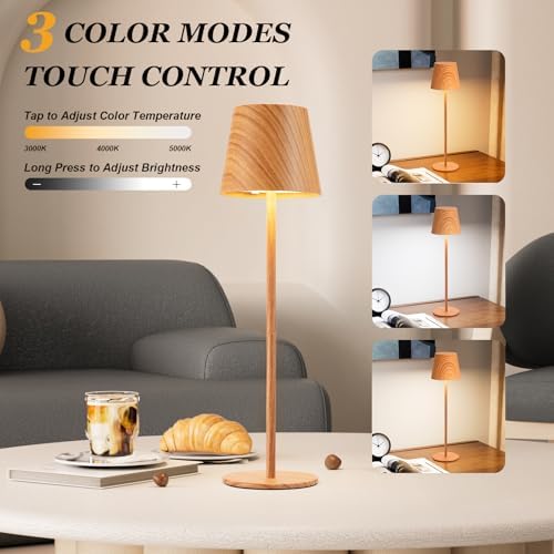 Kakanuo Wood Grain Cordless Table Lamp Rechargeable - 2 Pack 5000mAH Battery Operated Lamp for Counter, 3 Color Stepless Dimming Wireless Lamp for Dining Kitchen, Outdoor Patio, Touch Control - Image 2