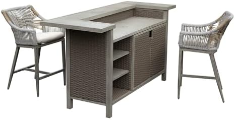 Outdoor Bar Table Set of 3 with 2 Stools, Wicker, Aluminum, Gray by Unknown