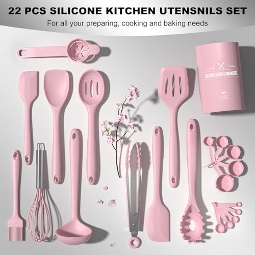 Umite Chef 22-Piece Silicone Cooking Utensils Set, Heat Resistant & Dishwasher Safe Kitchen Tools, Non-Scratch Spatula Set for Nonstick Cookware (Pink) - Image 5