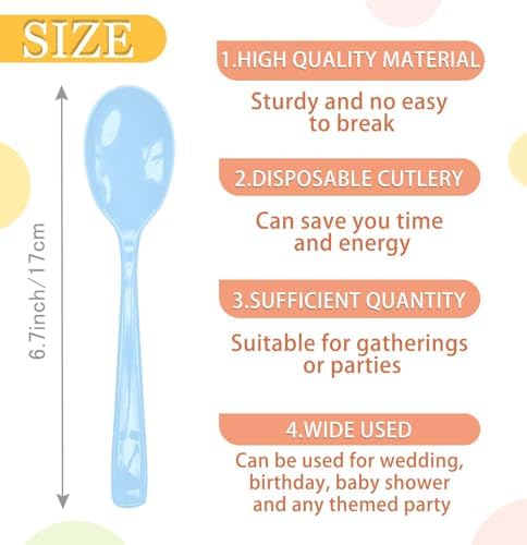 SietDESEO 50 PCS Light Blue Plastic Spoons Disposable Utensils Heavy Duty Baby Blue Spoons Disposable Cutlery for Birthday Wedding Baby Shower Bridal Shower Plastic Silverware - Image 3