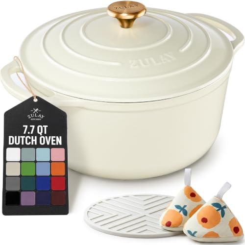 Zulay Kitchen 7.7 Quart Enameled Cast Iron Dutch Oven Pot with Lid – Premium Durability & Oven Safe up to 500°F – Heavy Duty Cookware Perfect for Bread Baking, Stews, Braising & Roasting – Ivory by ZulayKitchen
