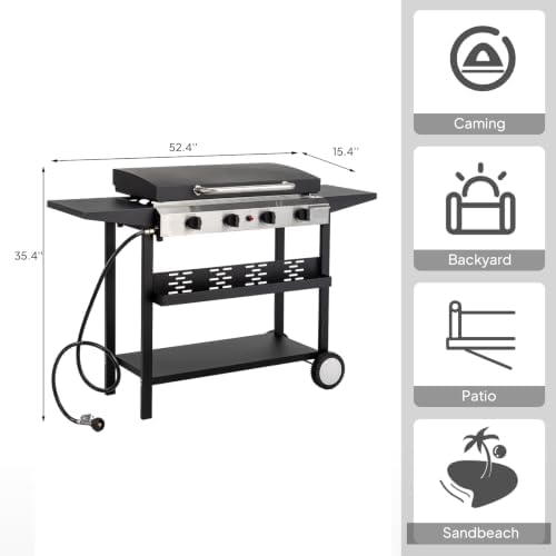 ROVSUN 4 Burner Portable Propane Griddle with Ignition, 40000 BTU Freestanding Flat Top Gas Grill with Enameled Tray, Lid, Side Shelves & Regulator for Outdoor Cooking Camping BBQ - Image 5