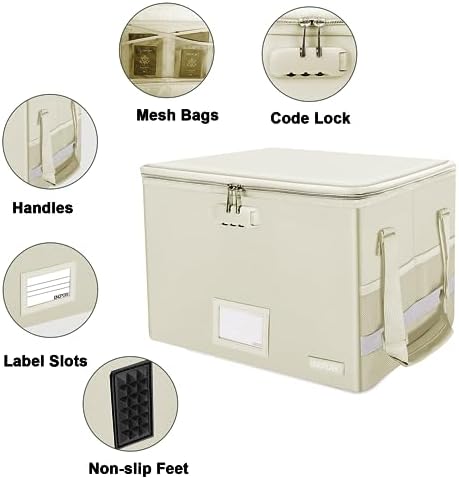 ENGPOW File Box with Lock, Fireproof Document Box with Zipper Lid, Collapsible File Storage Organizer Filing Cabinet with Handles, Portable Home Office Safe for Hanging Letter/Legal Folders, Beige - Image 3
