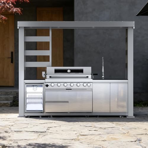 108-Inch 6-Burner 85000 BTU Propane Gas Grill Island with Shed, 304 Stainless Steel, 684 Sq.In Cooking Area, Wine Cooler, Rotisserie & Granite Countertops for Backyard BBQ, Sliver by Dvasovio