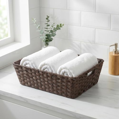 Onlytak Large 2-Pack Plastic Wicker Storage Baskets, 17"x13"x5.5", Brown - Image 4