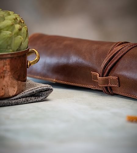 Angus Stoke premium leather Knife Roll Bag - Storage and Protection for Chef Knives, 7 Slots and 1 Zipper Pocket, genuine Buffalo Leather Case Nils (Mahogany) - Image 5