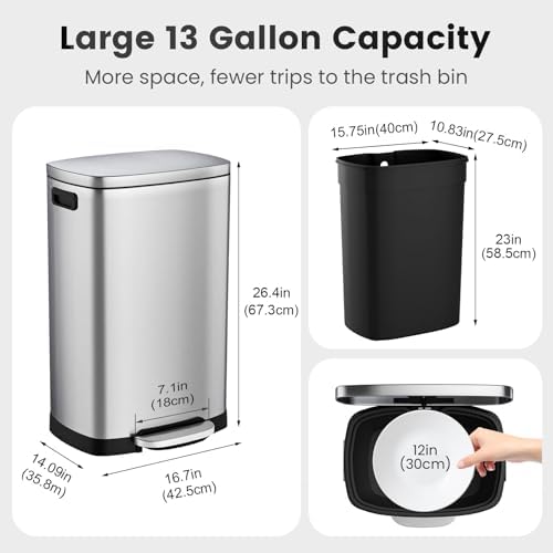 ELPHECO Kitchen Trash Can with Lid 13 Gal Stainless Steel Pedal Garbage Can - Image 3