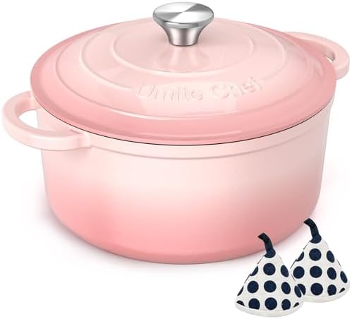 Umite Chef Enameled Cast Iron Dutch Oven-7QT Pot with Lid Cookbook & Cotton, Heavy-Duty Cookware for for Bread Baking, Braising, Stews, Marinate, Cook(Pink) by UmiteChef