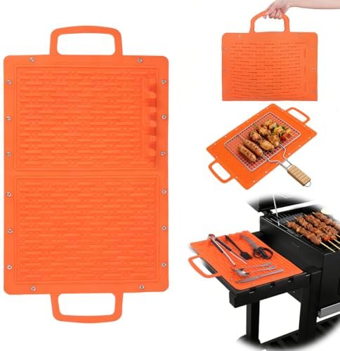 LIONROGE Large Silicone Grill Mat, Foldable Silicone Griddle Tools Spatula Mat with Drip Pad & Handle & Snap Buttons, Portable BBQ Side Shelf Mats Grill Pad for Blackstone Griddles Accessories,Orange by LIONROGE
