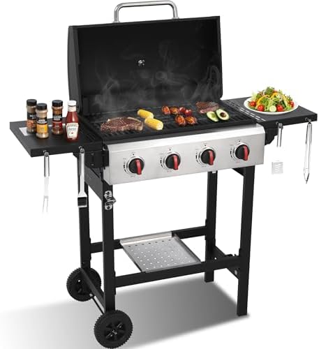 4-Burner Propane Gas Grill with Cast Iron Grates, 38200 BTU output,Foldable Side Shelves for Portable Outdoor Patio Camping, Black (4 burner) by Unknown